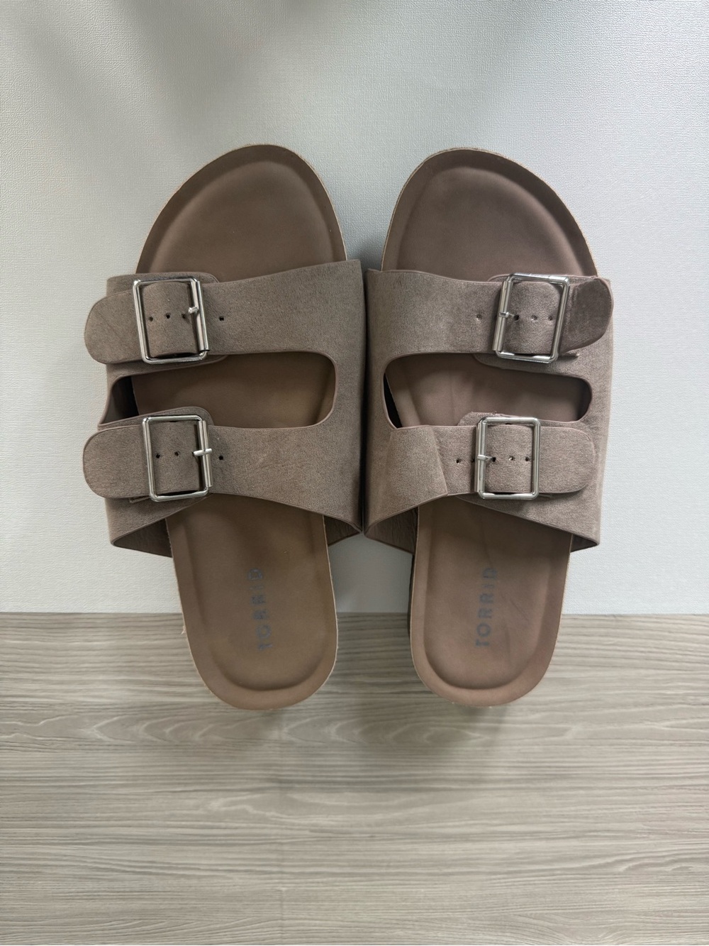 Torrid Taupe Double Buckle Slide Sandals. Size 7.5